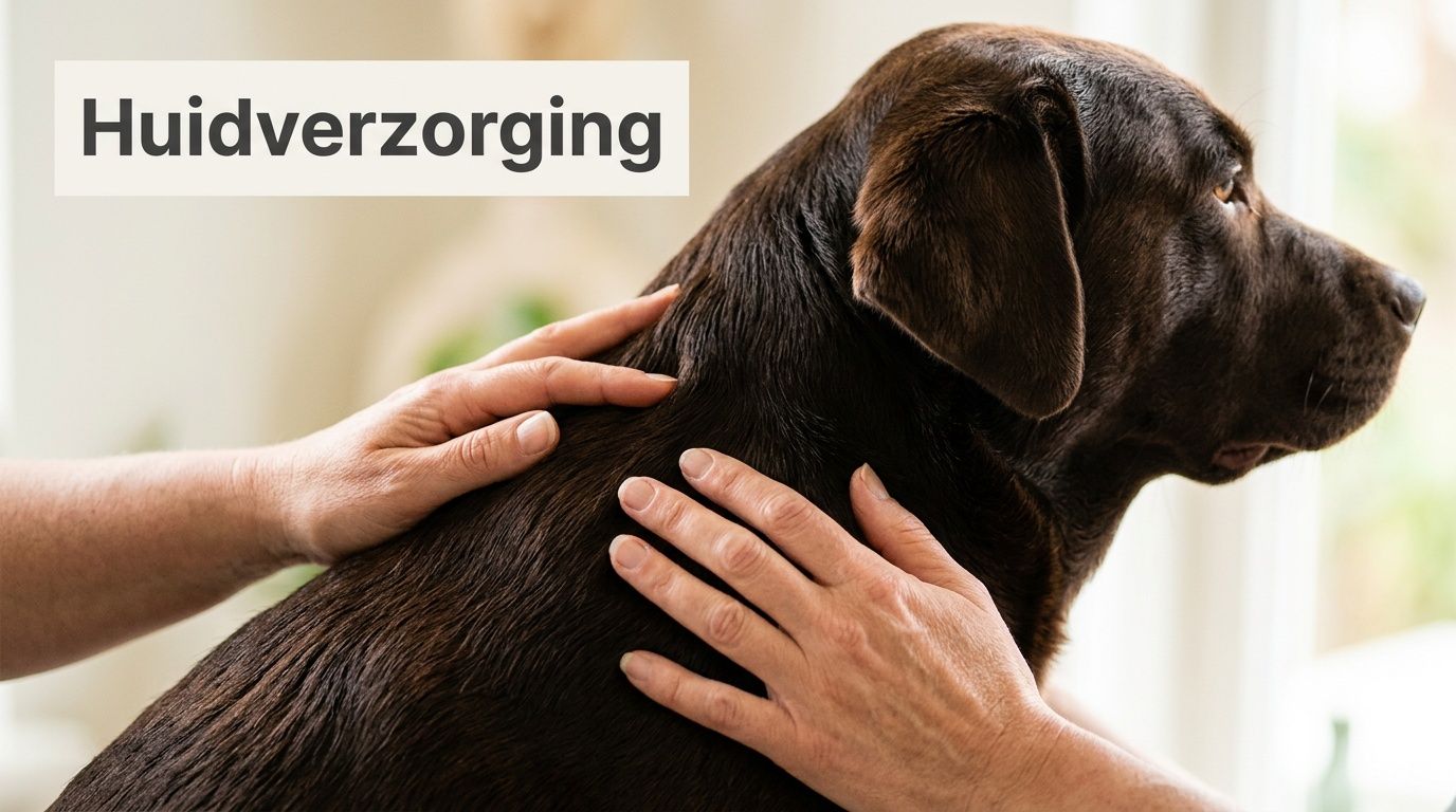 Een persoon aait de rug van een bruine labrador retriever, wat staat voor de huidverzorging van honden.