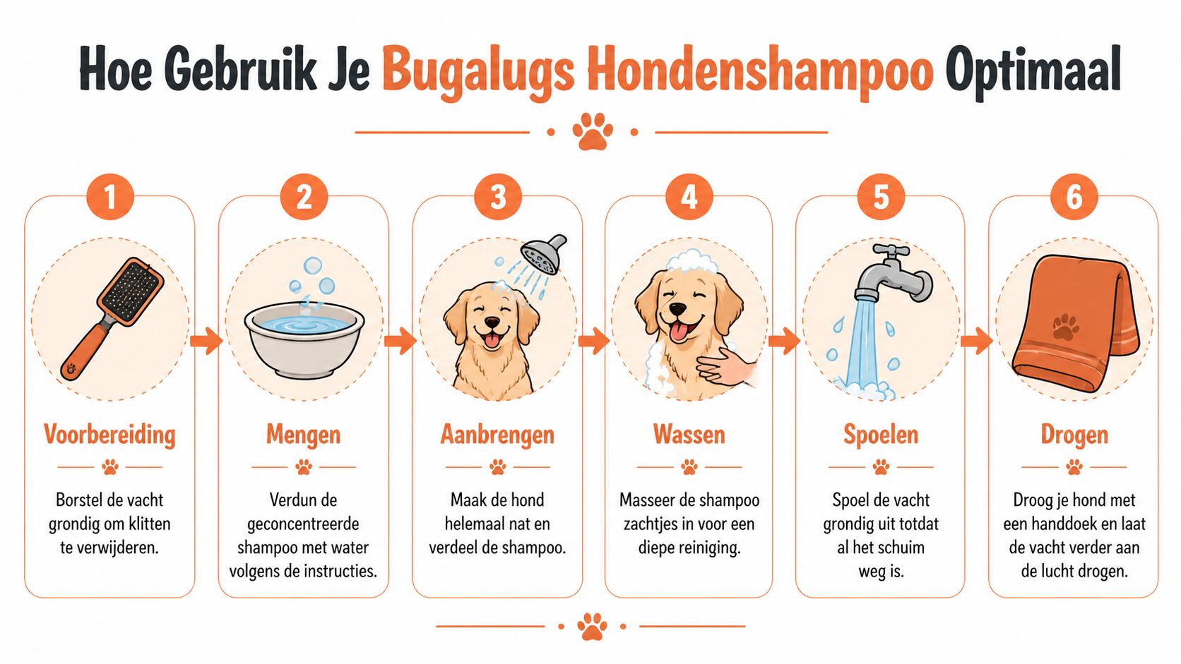 Een stappenplan met illustraties voor het optimaal wassen van een hond met Bugalugs hondenshampoo.