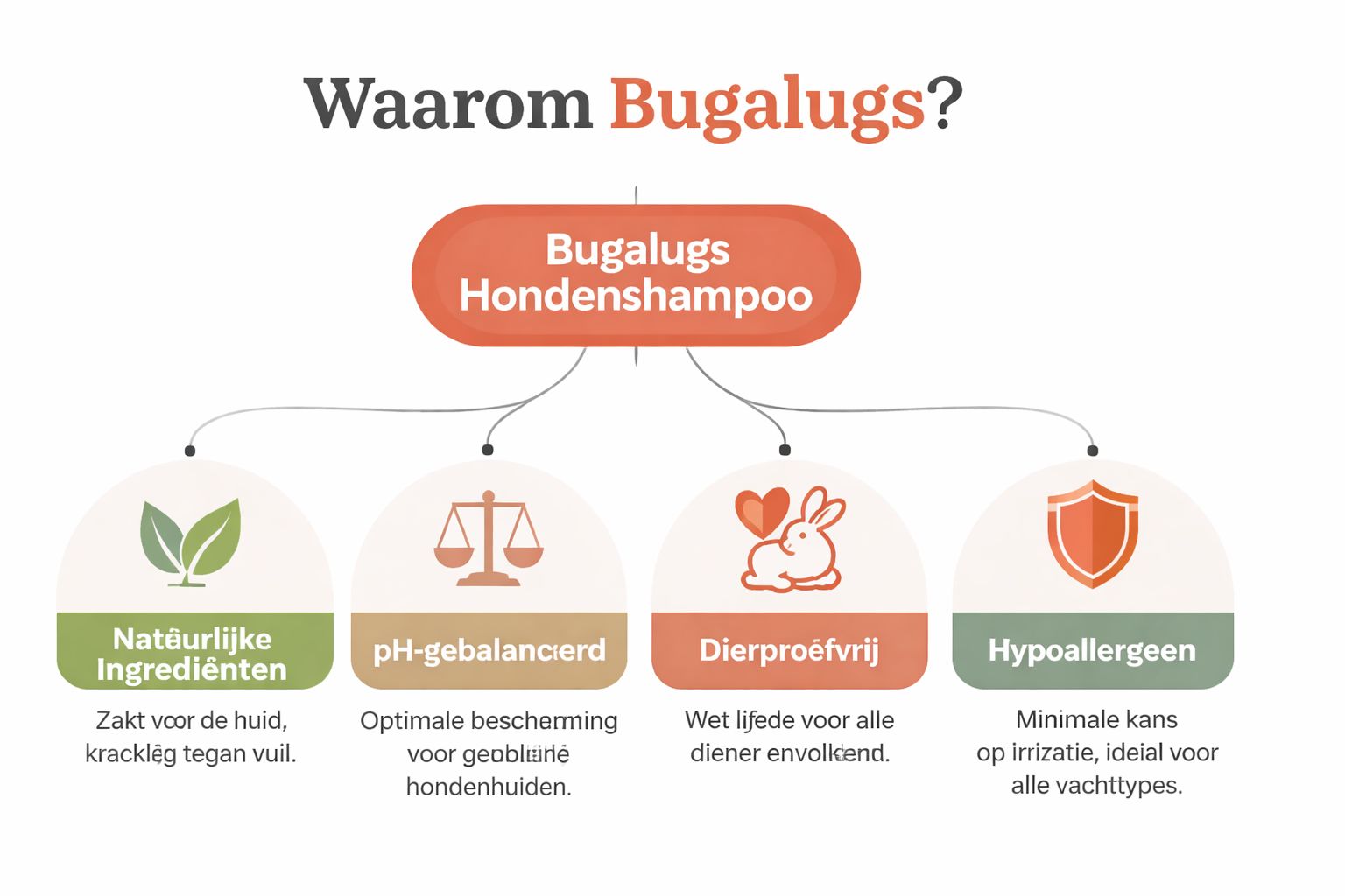 Een overzicht van de voordelen van Bugalugs hondenshampoo, inclusief natuurlijke ingrediënten, pH-gebalanceerd, dierproefvrij en hypoallergeen.
