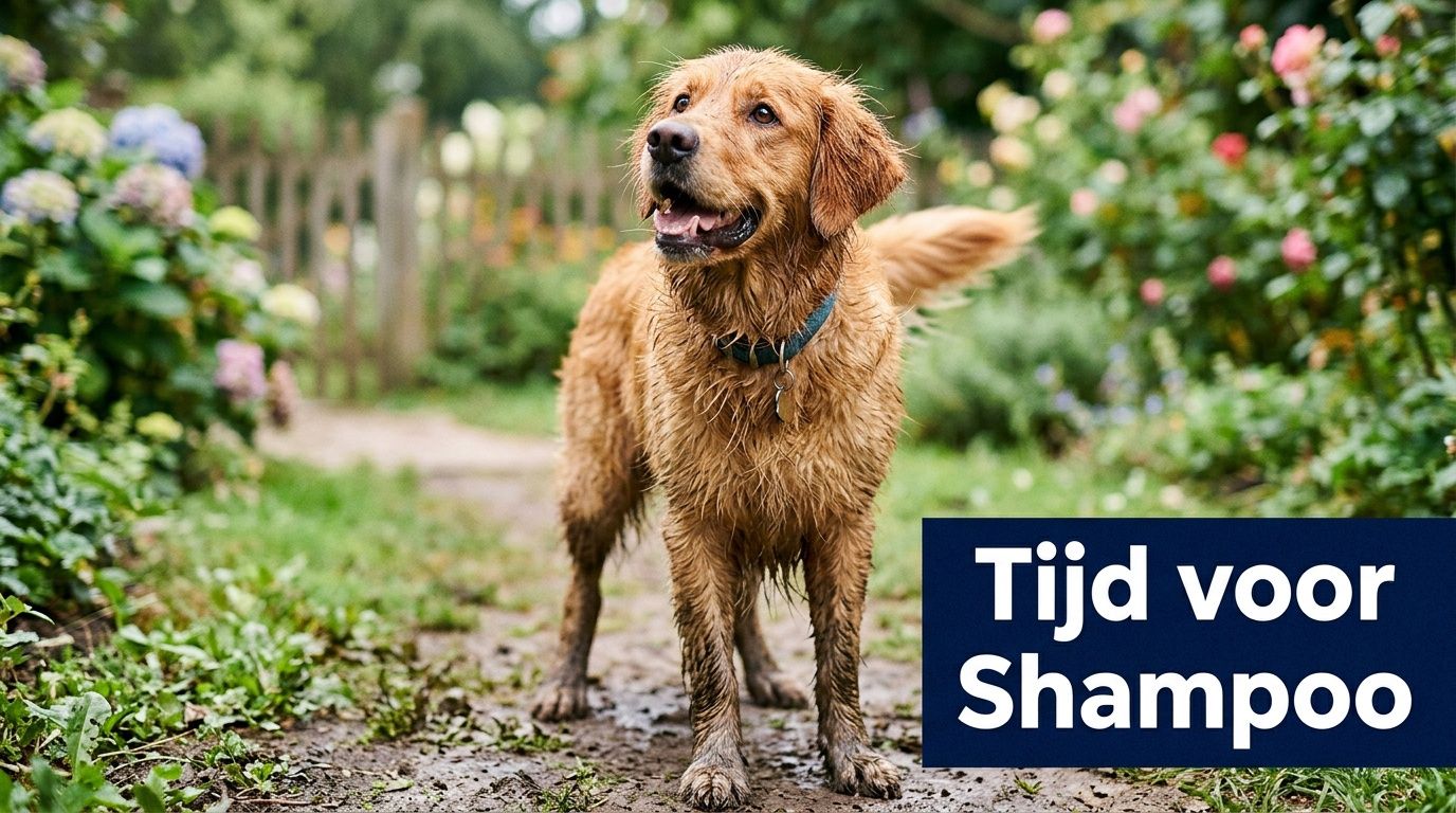 Een modderige hond staat in een tuin, klaar voor een wasbeurt met Bugalugs hondenshampoo.