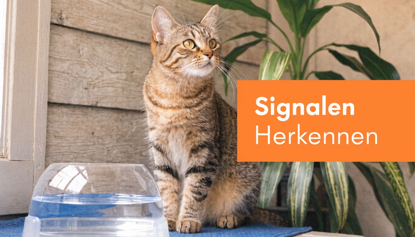 Een bruine gestreepte kat zit naast een drinkbakje voor water bij een groene kamerplant.