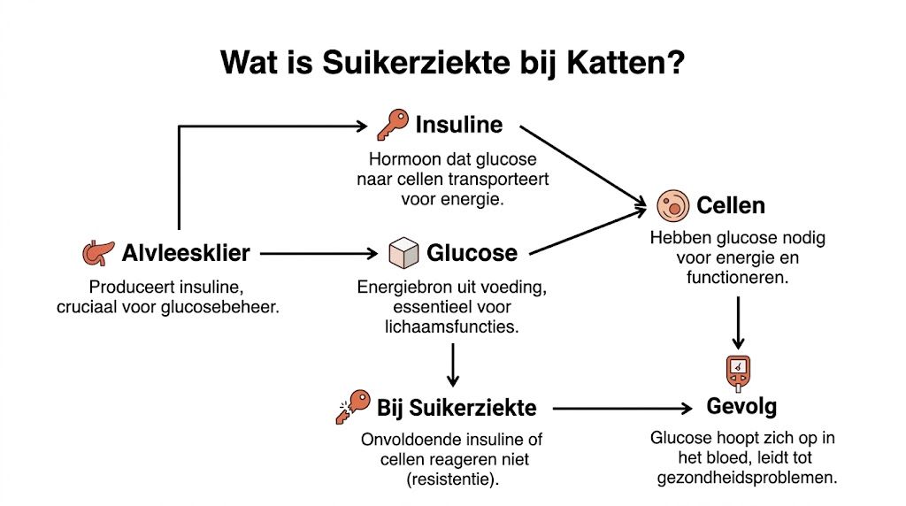 Een informatieve afbeelding die uitlegt hoe diabetes bij katten ontstaat door insulinetekort of verminderde gevoeligheid in cellen.