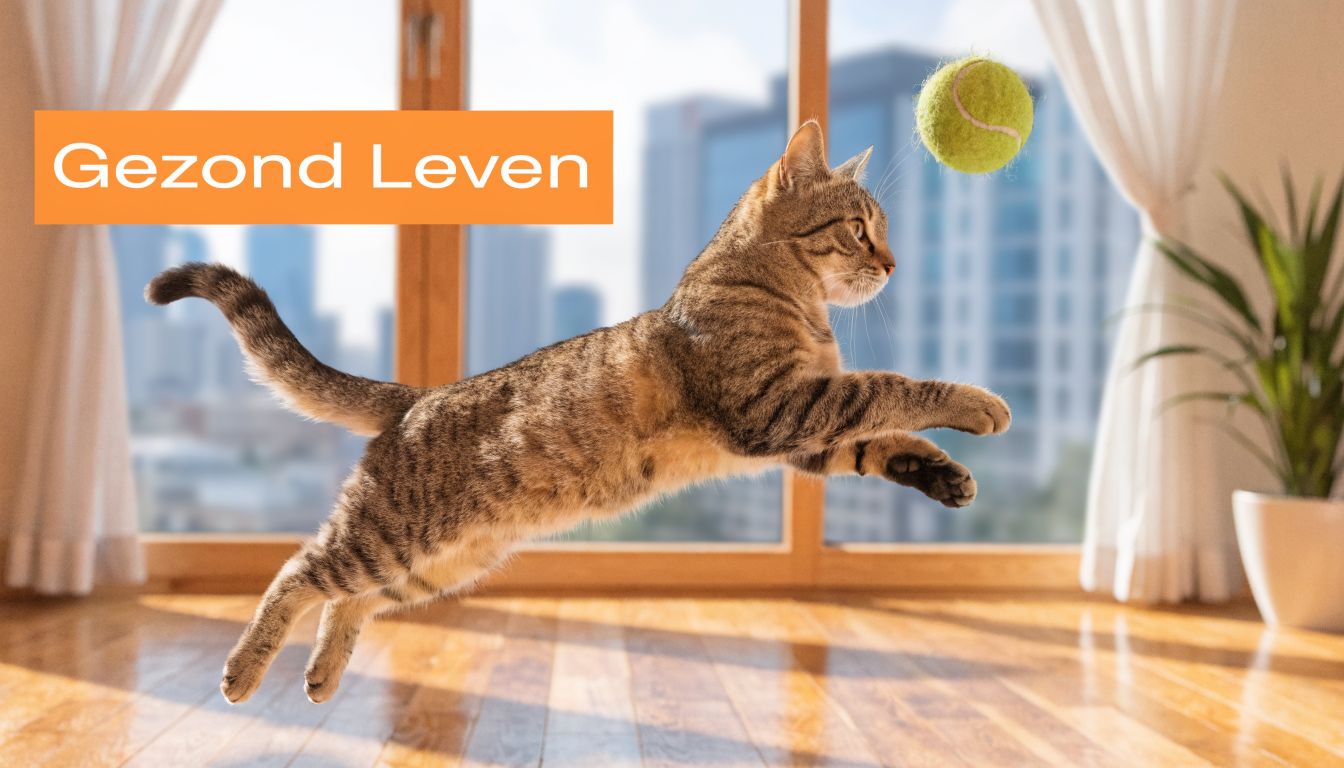 Een actieve bruine gestreepte kat die door de lucht springt om een tennisbal te vangen binnenshuis.