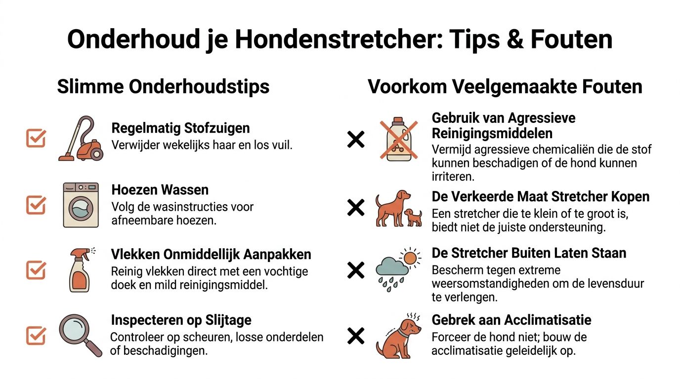 Een infographic met onderhoudstips en veelgemaakte fouten voor het verzorgen van een hondenstretcher.