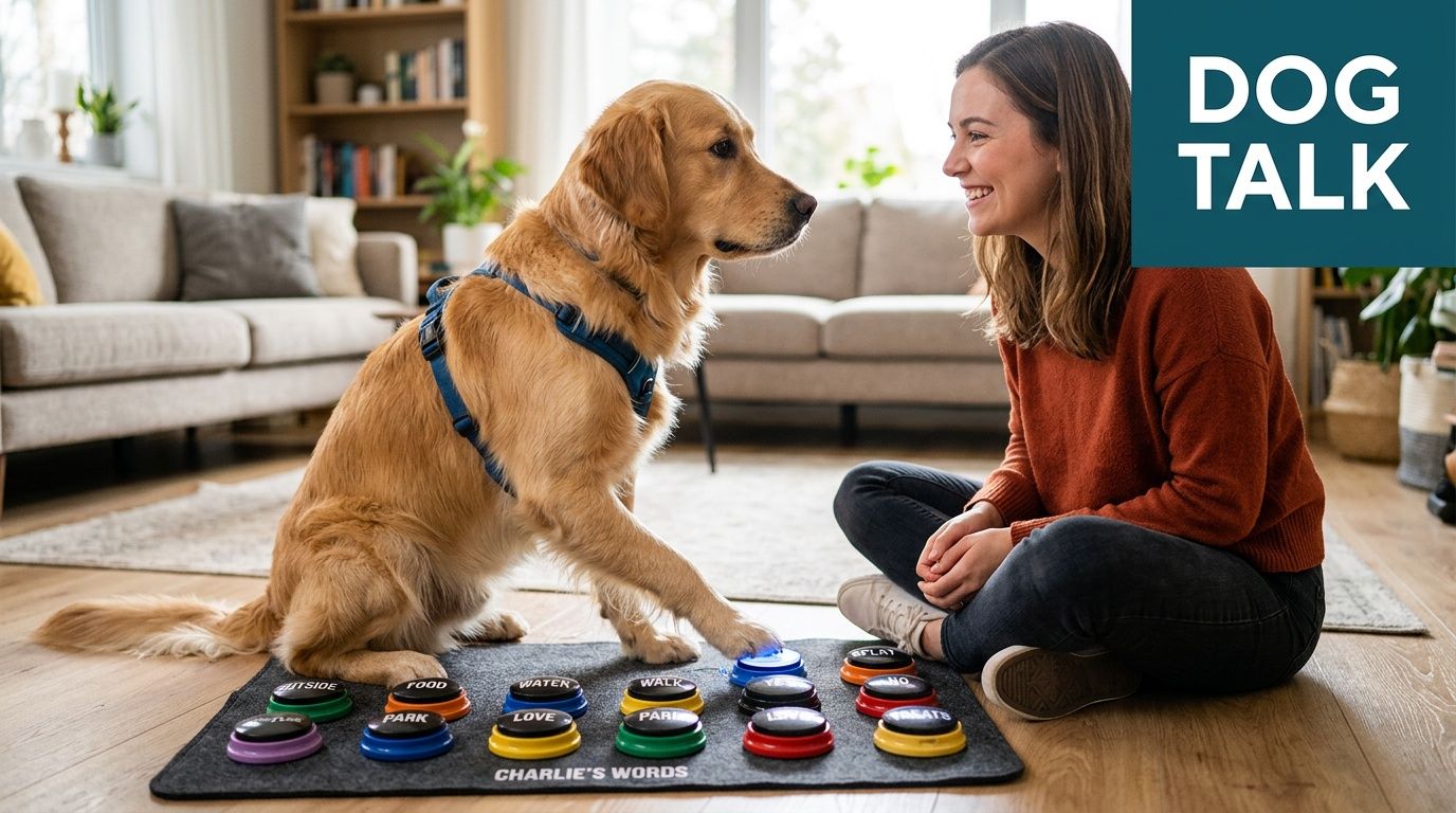 Een vrouw zit op de vloer en kijkt naar een hond die praatknoppen voor honden gebruikt.