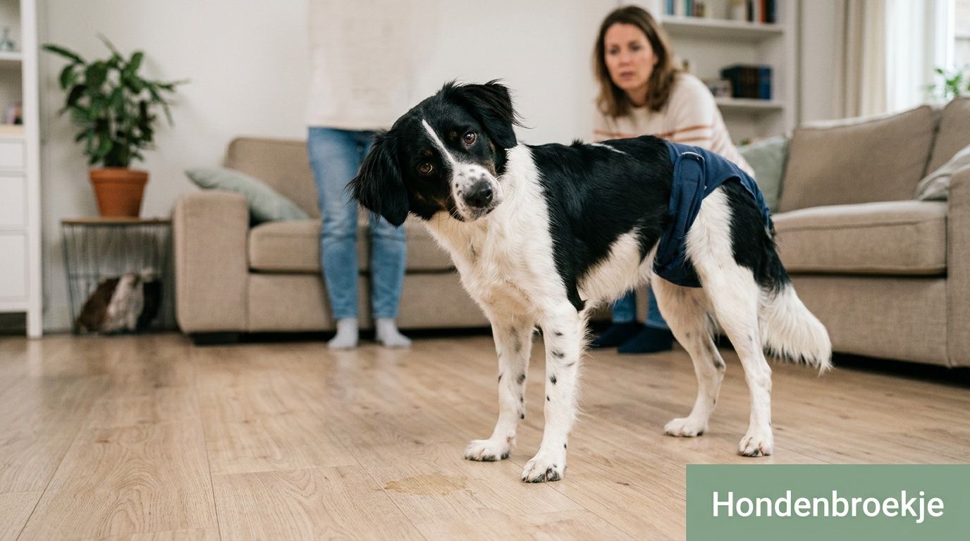 Een zwart-witte hond draagt een blauw hondenbroekje terwijl hij in de woonkamer op de vloer staat.