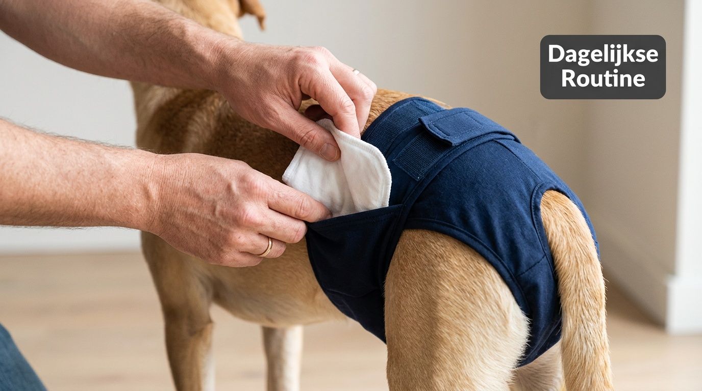 Een persoon plaatst voorzichtig een inlegkruisje in het blauwe hondenbroekje van een golden retriever voor dagelijks gebruik.