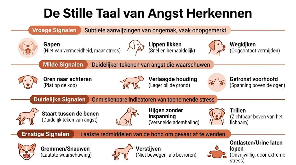 Een overzichtelijke infographic die de verschillende signalen van angst bij honden in vier niveaus visueel weergeeft.