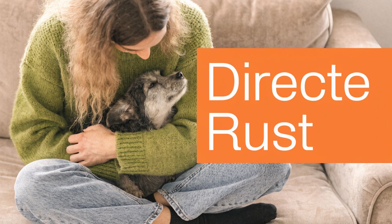 Een jonge vrouw in een groene trui knuffelt liefdevol haar angstige hond op de bank.