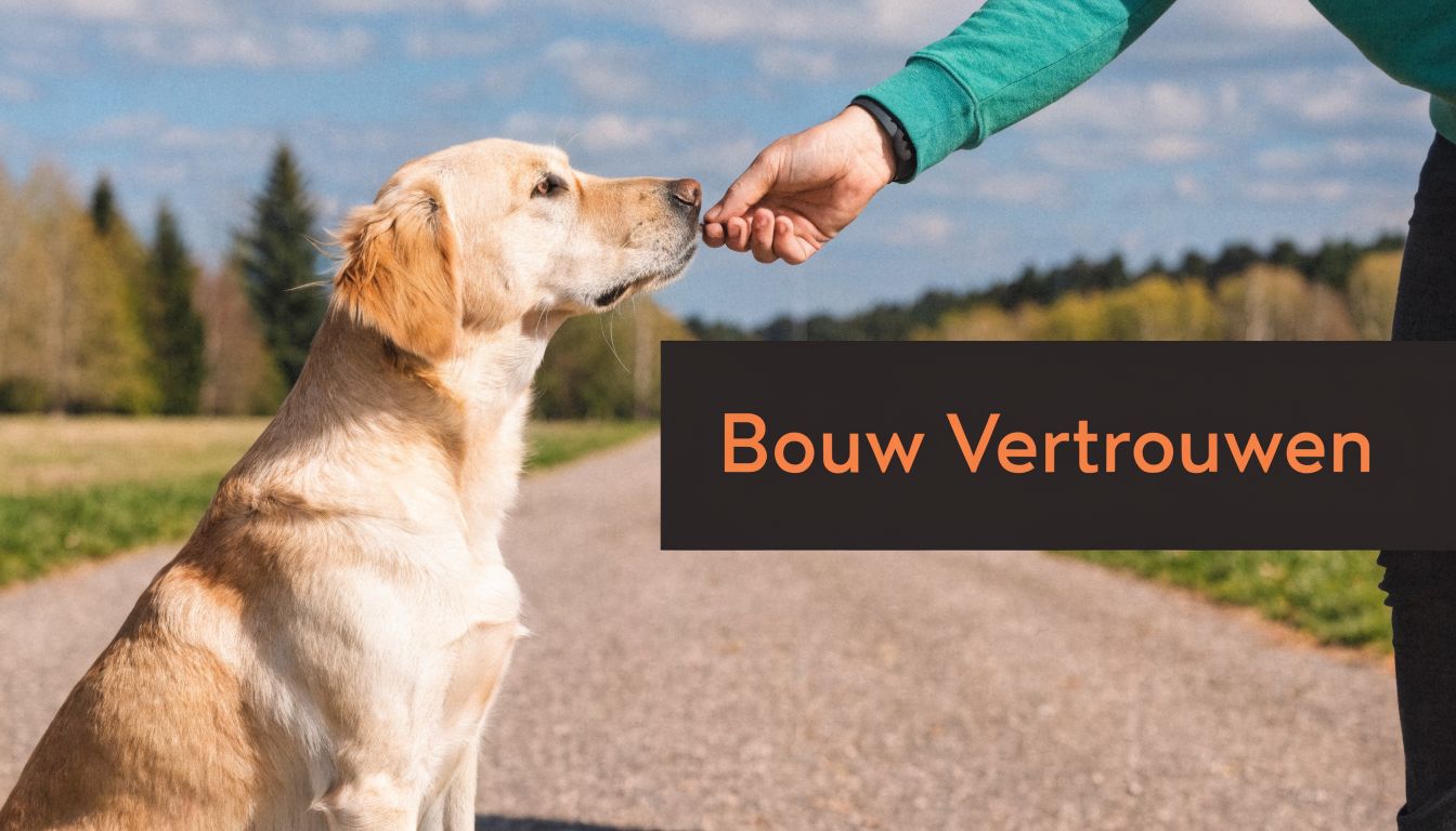 Een persoon voert een hond tijdens een wandeling buiten om een vertrouwensband op te bouwen.