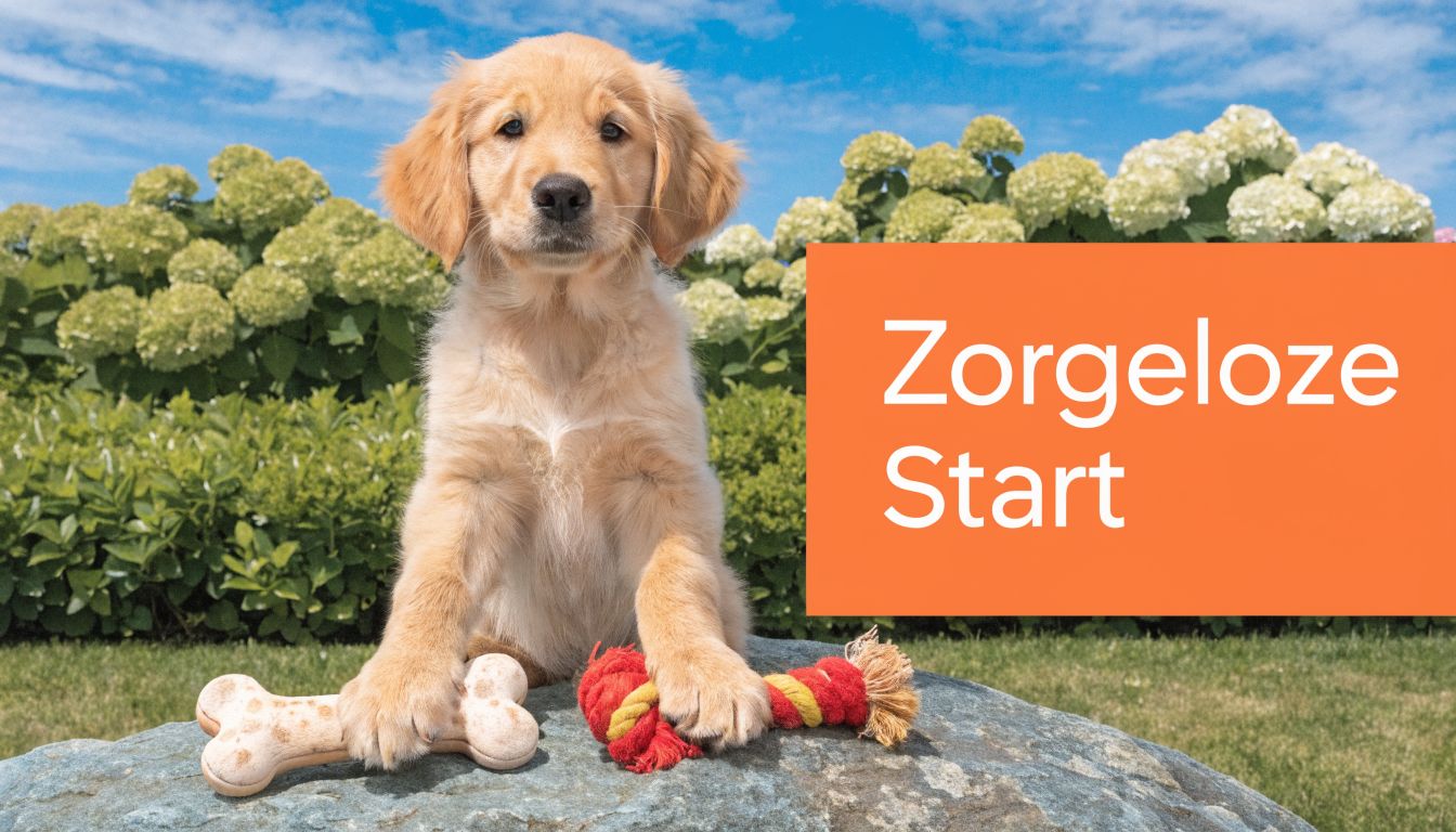 Een schattige golden retriever puppy zit op een grote rots met zijn speelgoed in de tuin.