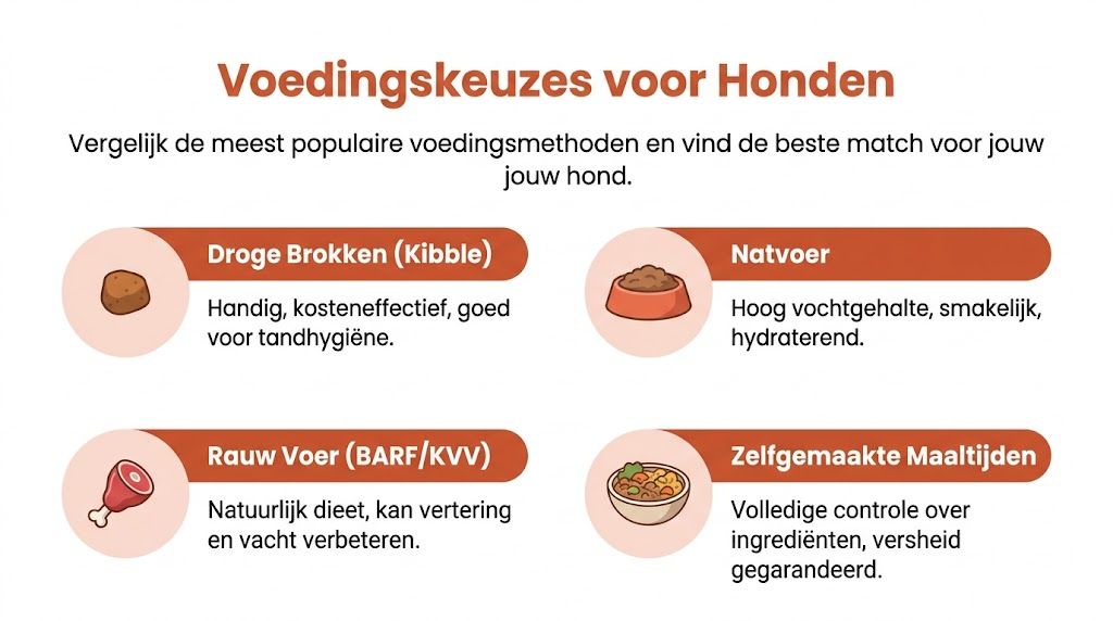 Een overzicht van verschillende soorten hondenvoer, inclusief droge brokken, natvoer, rauw voer en zelfgemaakte maaltijden.