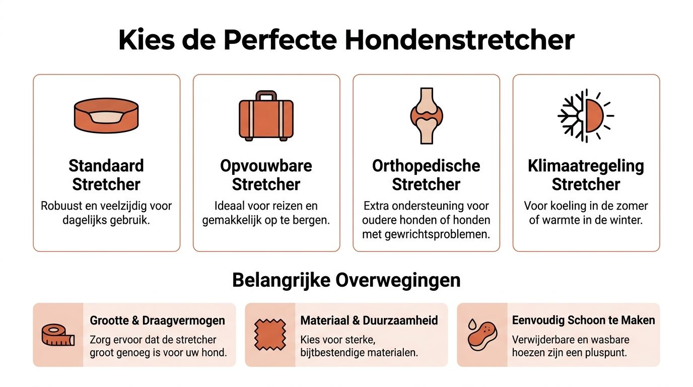 Een infographic met verschillende soorten hondenstretchers en belangrijke overwegingen voor het kiezen van de juiste hondenmand.