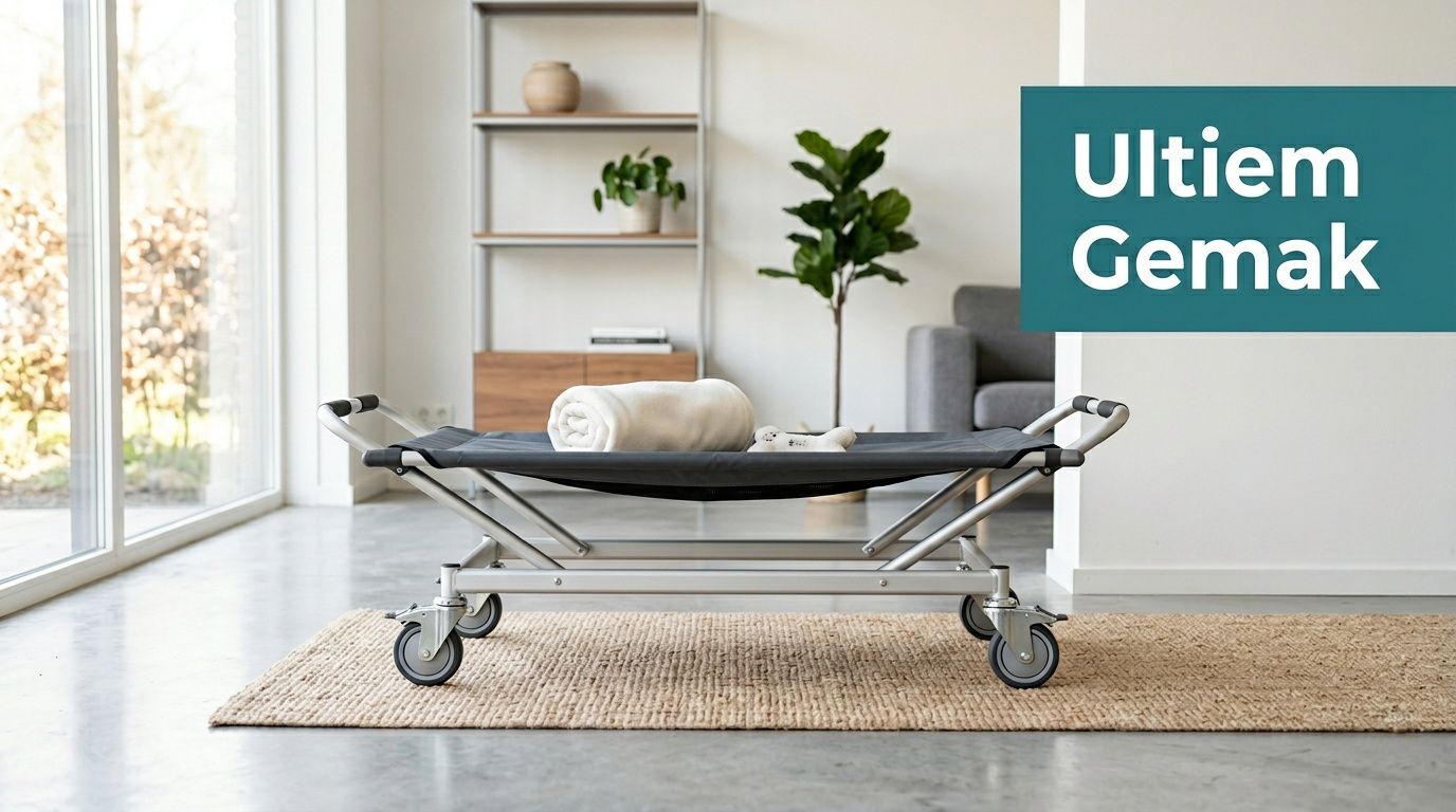 Een draagbare opvouwbare stretcher voor honden met een zacht kleed op een tapijt in een lichte woonkamer.