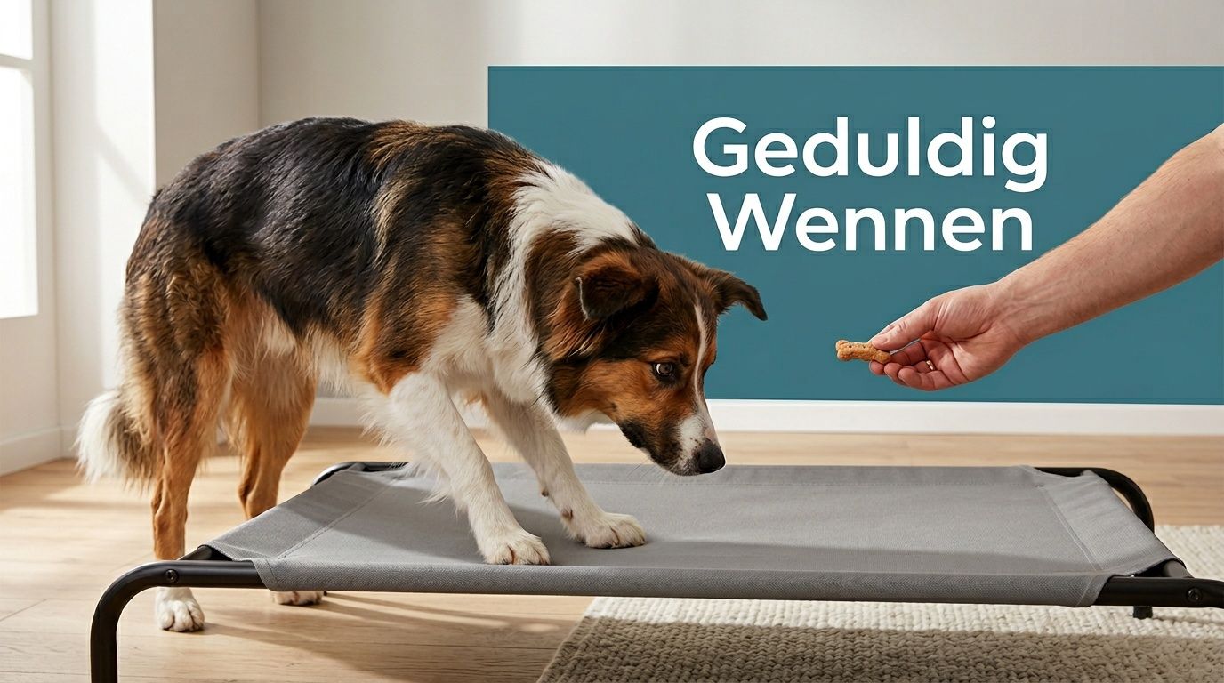 Een border collie hond die geduldig op een verhoogde grijze hondenmand wacht op een beloningskoekje.
