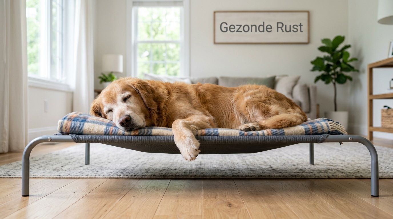 Een oudere golden retriever hond slaapt vredig op een verhoogd hondenbed met een zachte geruite deken.