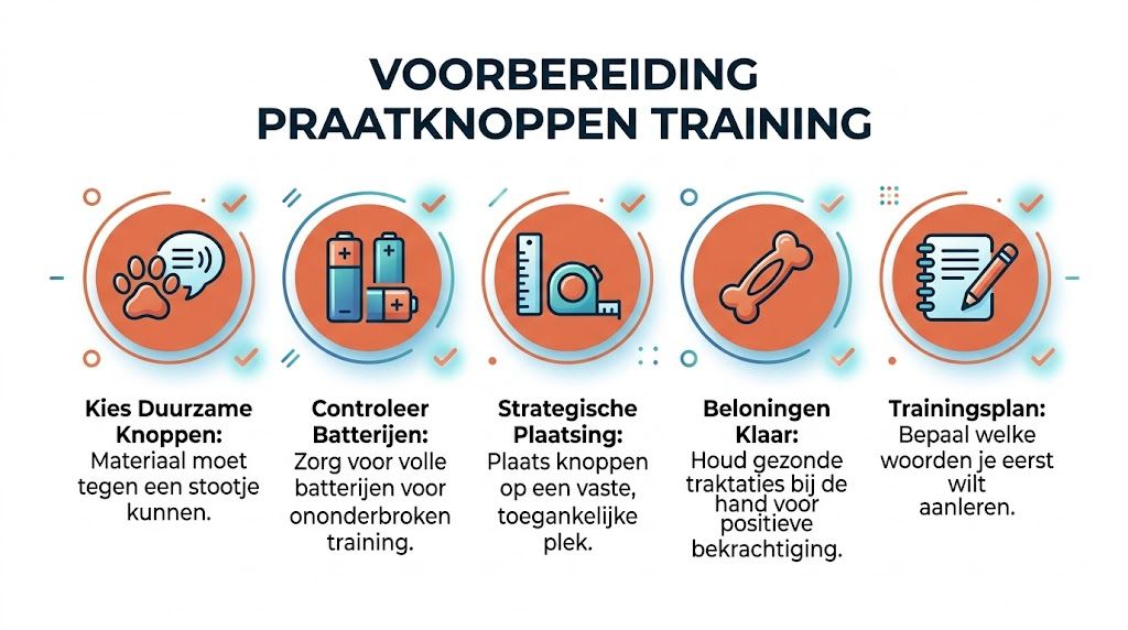 Een overzicht met vijf stappen voor de voorbereiding van een succesvolle training met praatknoppen voor je hond.