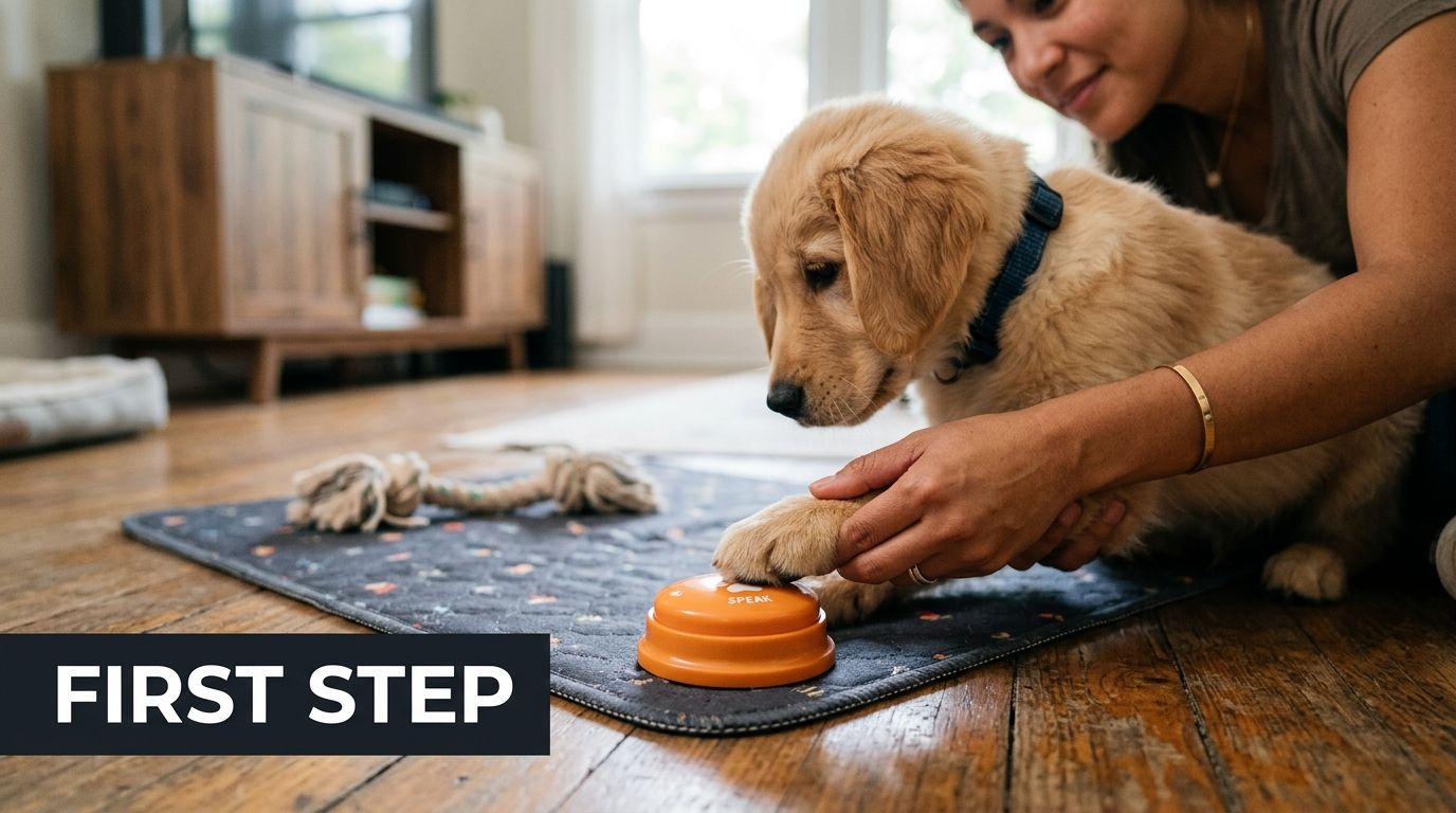 Een vrouw helpt haar puppy met het indrukken van een oranje praatknop op een speelmat in huis.