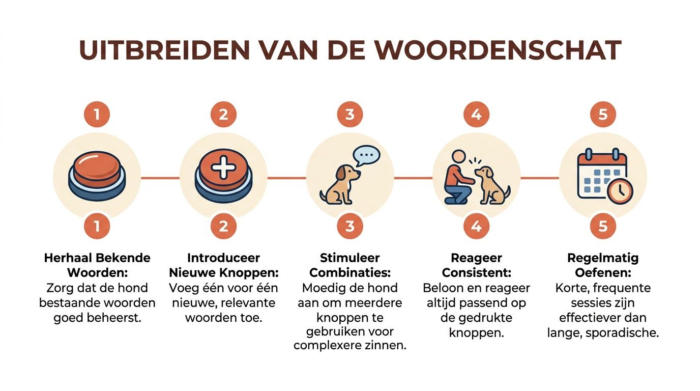 Een stappenplan in vijf delen voor het uitbreiden van de woordenschat bij honden met praatknoppen.