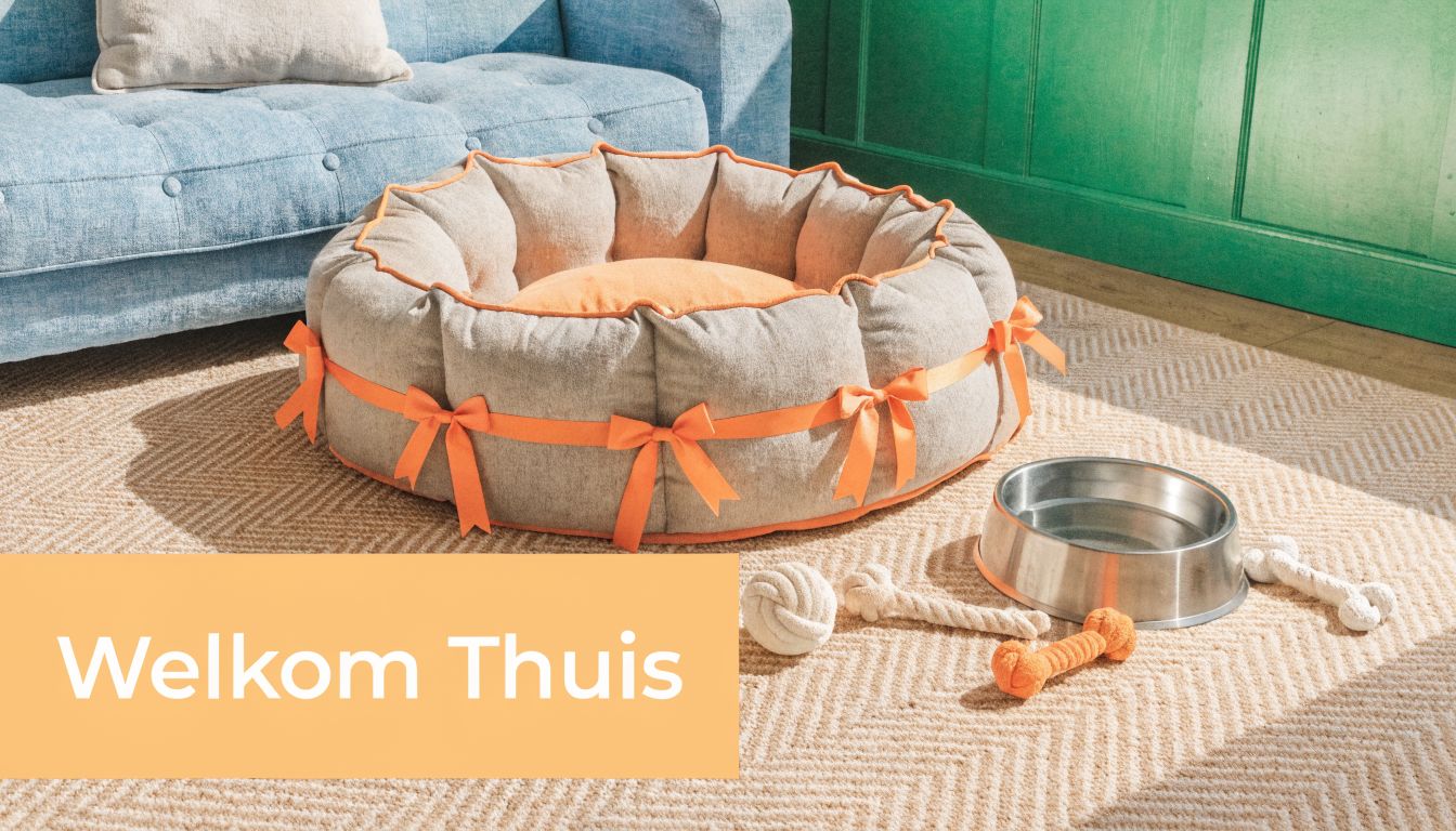 Een comfortabele beige hondenmand met oranje linten, een voerbak en speeltjes op een tapijt voor een bank.