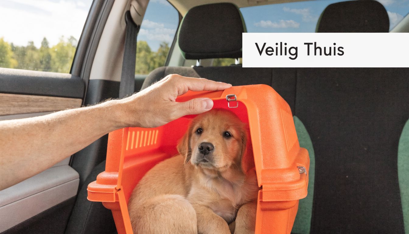 Een schattige golden retriever puppy zit in een oranje reismand op de achterbank van een auto.