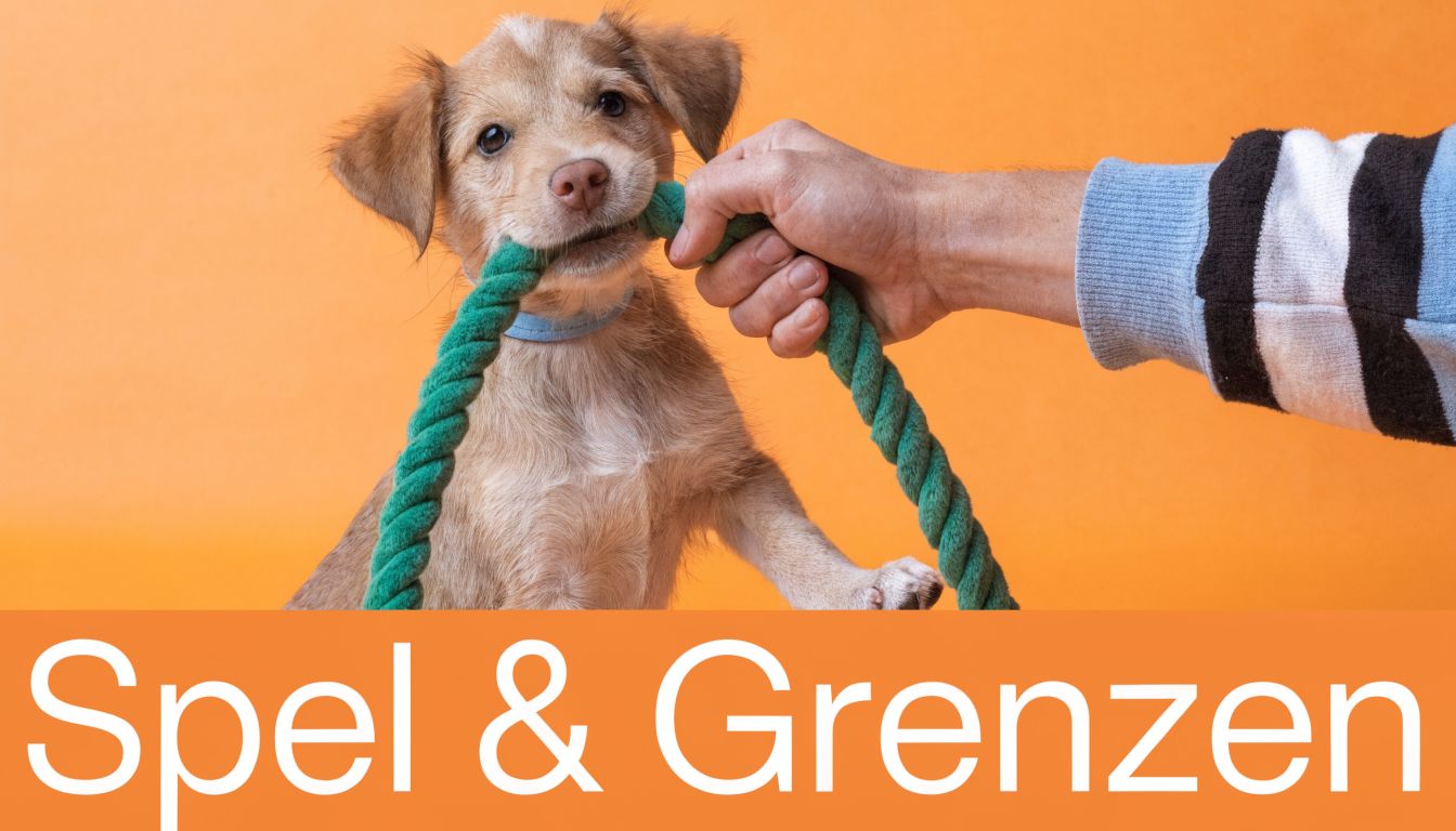 Een schattige pup speelt met een groen trekspel aan een touw dat wordt vastgehouden door een mens