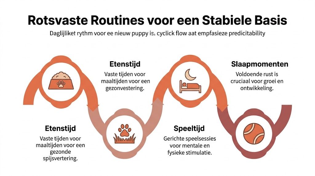 Een infographic met rotsvaste routines voor een stabiele basis voor puppy's, inclusief etenstijd, slaapmomenten en speeltijd.