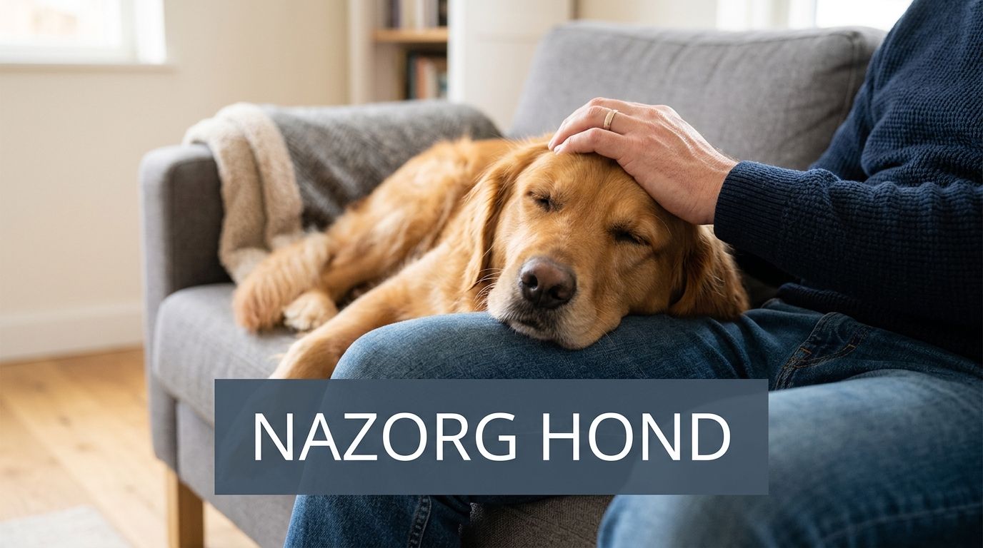 Een man aait liefdevol zijn gouden hond die rustig op zijn schoot op de bank ligt