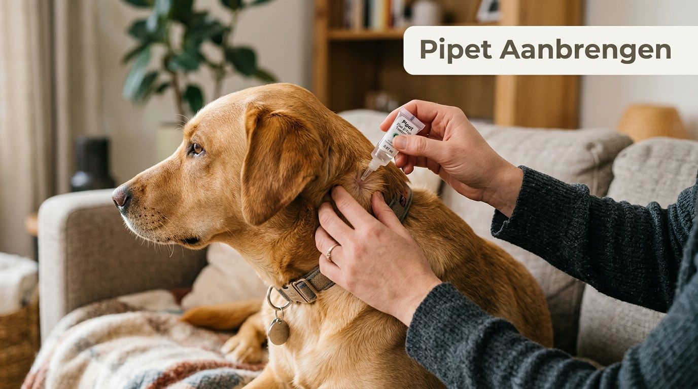 Een persoon brengt een vlooienpipet aan op de nek van een bruine labrador hond op een bank.