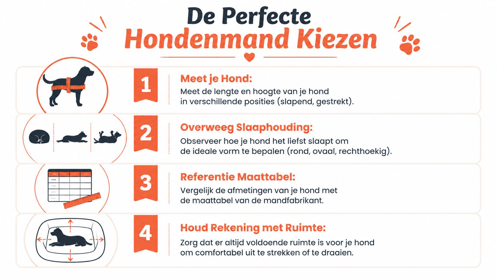 Een infographic die in vier stappen uitlegt hoe je de perfecte hondenmand voor jouw hond kiest.
