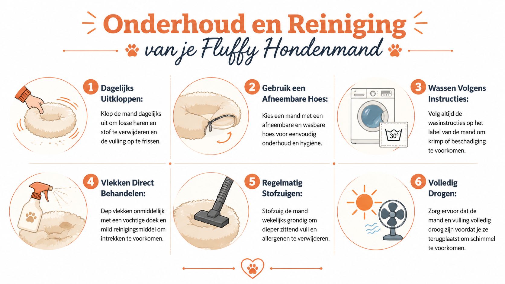 Een informatieve infographic met zes stappen voor het onderhoud en de reiniging van een fluffy hondenmand.