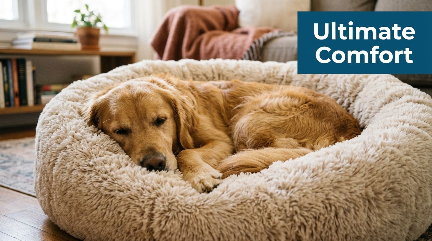 Een prachtige golden retriever die vredig slaapt in een ronde, zachte, pluizige hondenmand in een gezellige woonkamer.
