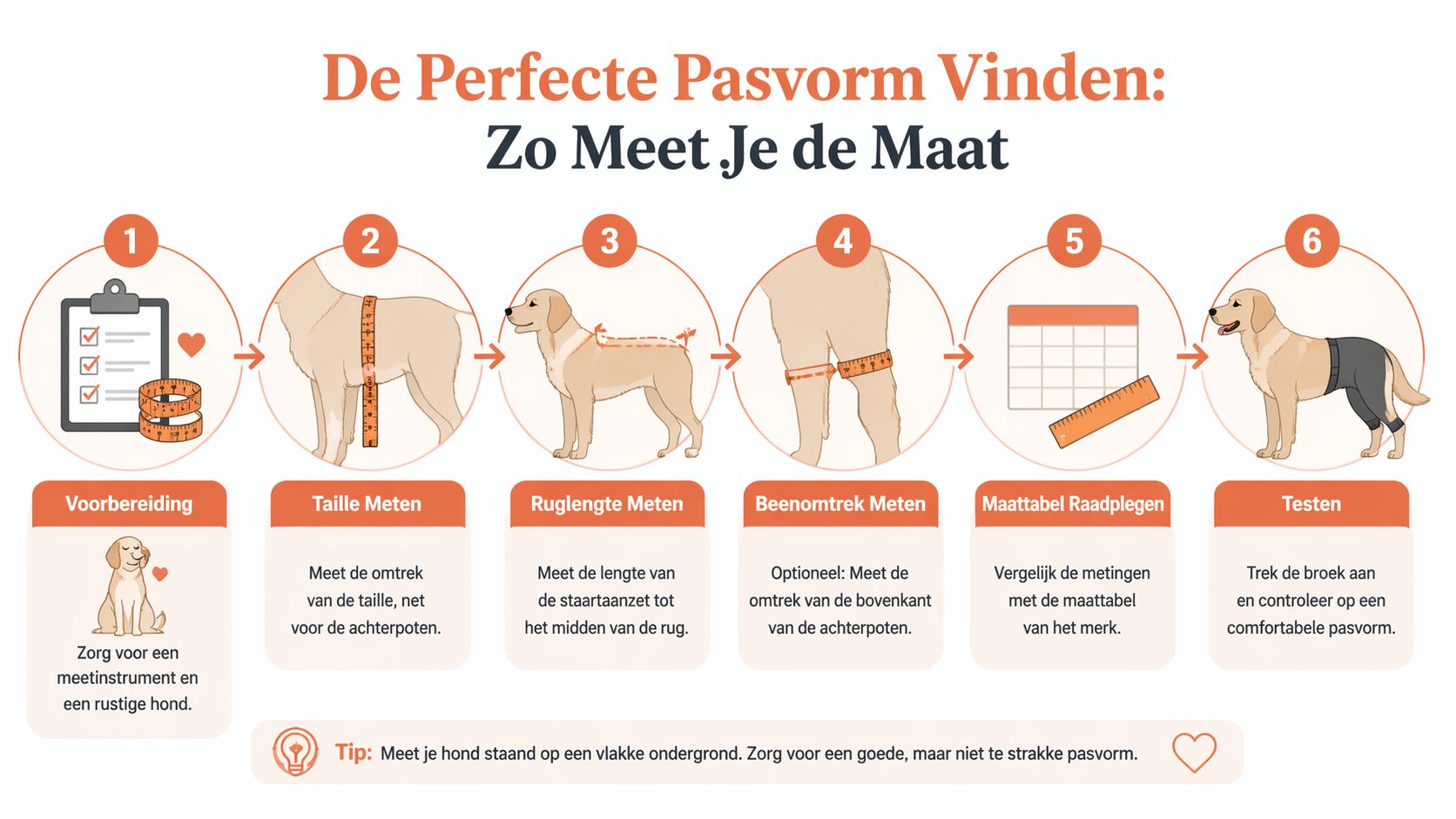 Een stappenplan met zes stappen voor het opmeten van een loopse hond voor de juiste maat broek.