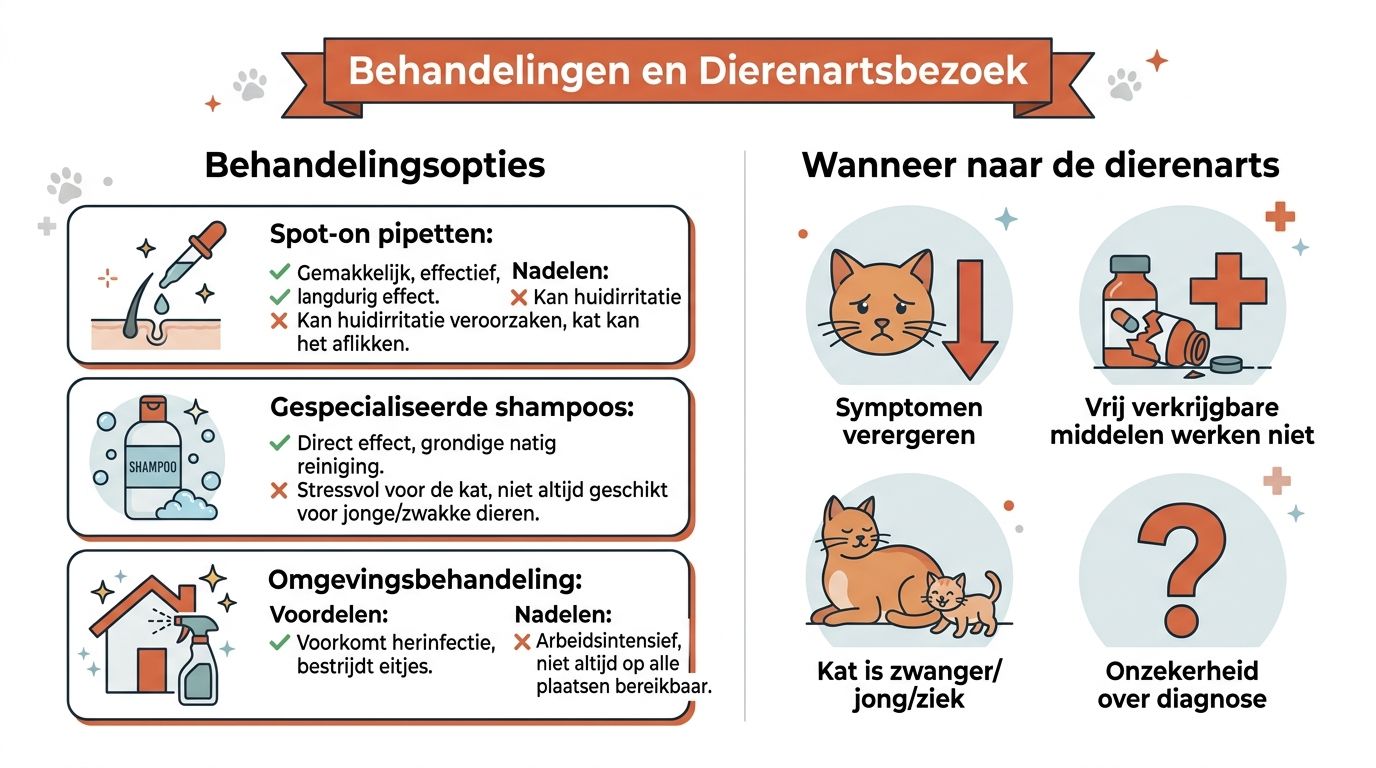 Een infografiek in het Nederlands over behandelingsopties voor katten en wanneer een dierenarts bezocht moet worden.