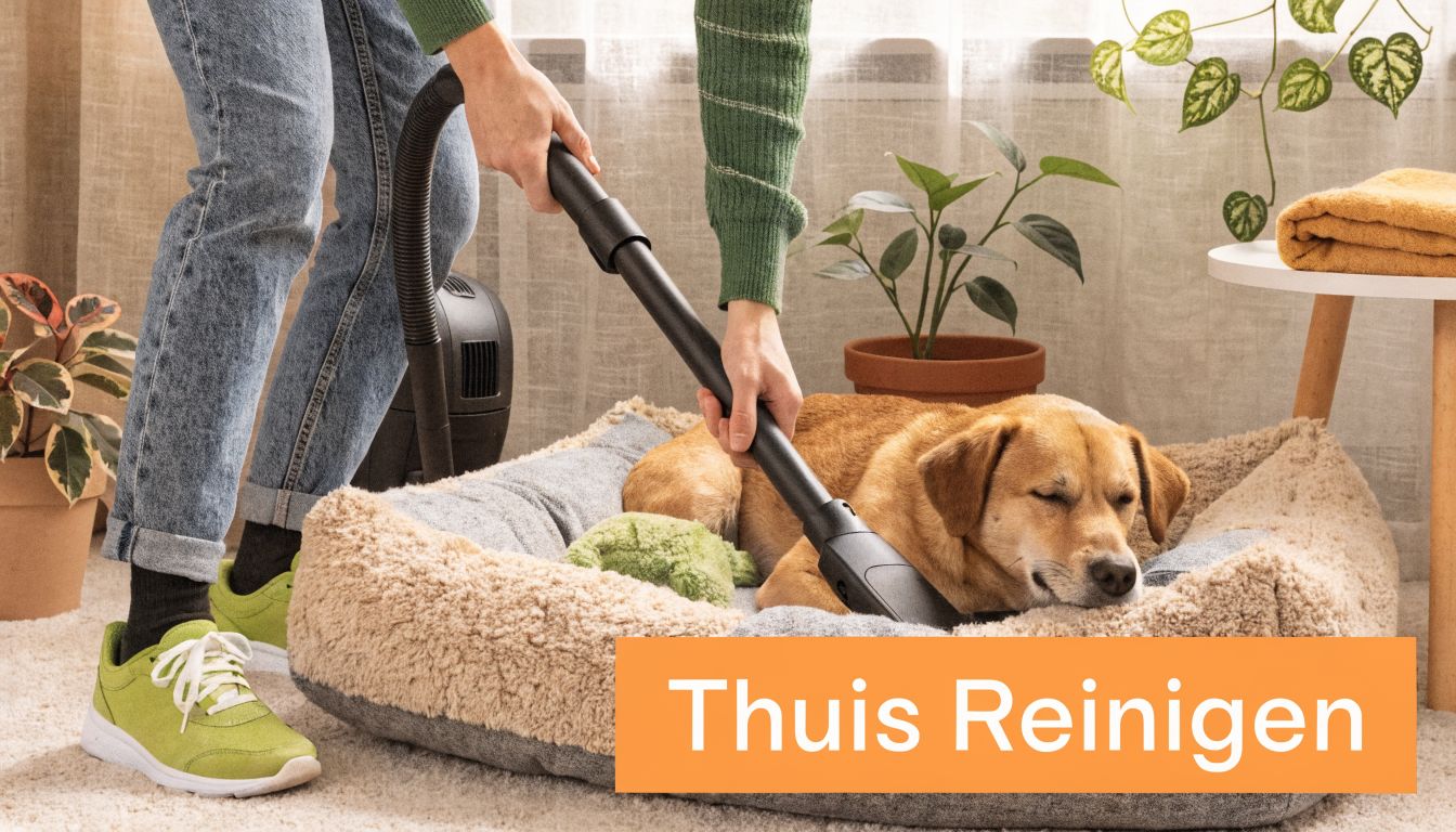 Een persoon reinigt de mand van een hond met een stofzuiger terwijl de hond rustig ligt te slapen.