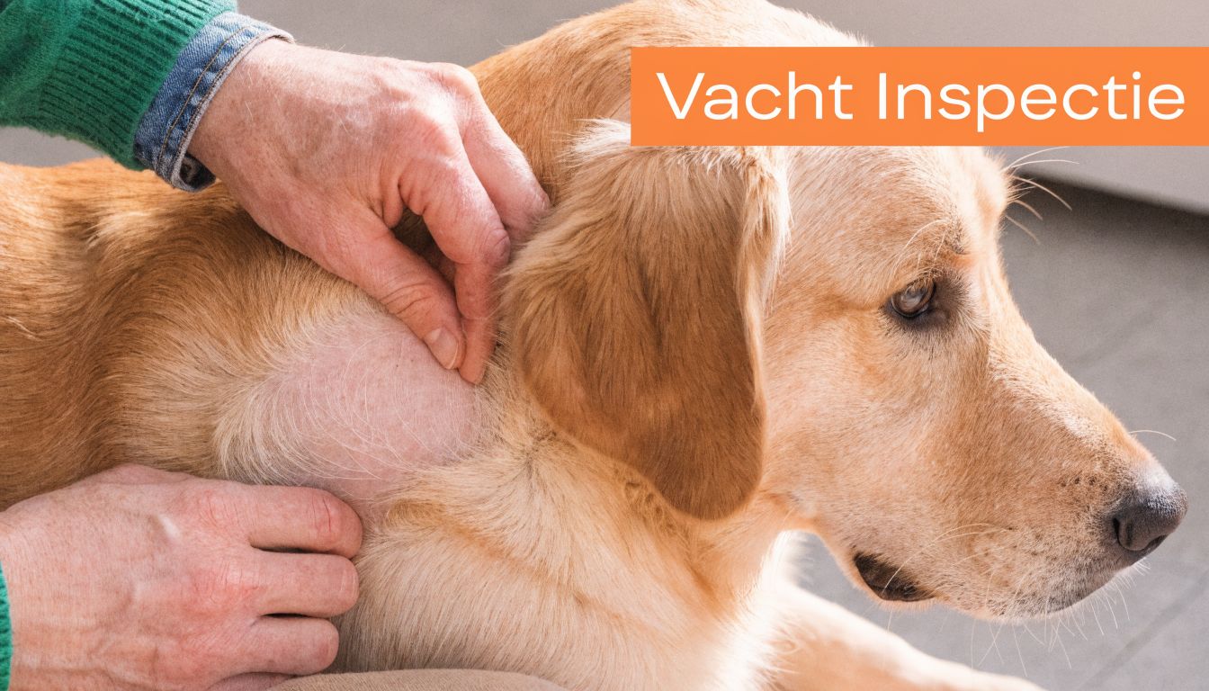 Een persoon inspecteert de vacht van een hond op kale plekken of tekenen van parasieten.