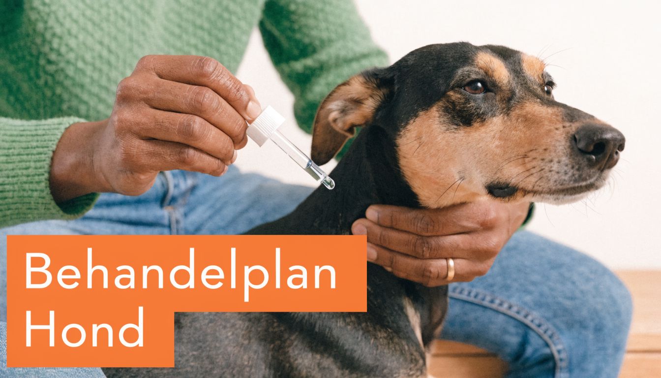 Een persoon brengt druppels aan op de nek van een hond voor een behandelplan tegen luizen.