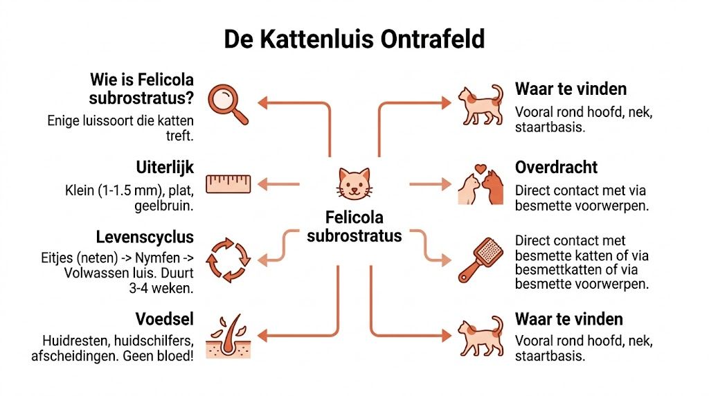 Een informatieve infographic over de kattenluis Felicola subrostratus, inclusief details over uiterlijk, levenscyclus, voeding en verspreiding.