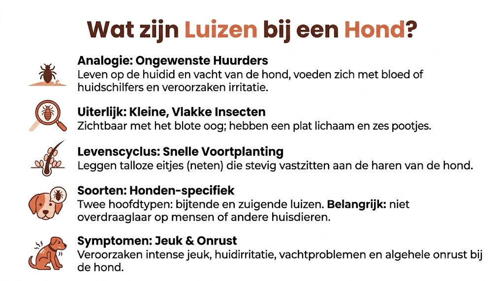Een informatieve infographic over luizen bij honden, inclusief kenmerken, levenscyclus, soorten en de symptomen van een besmetting.