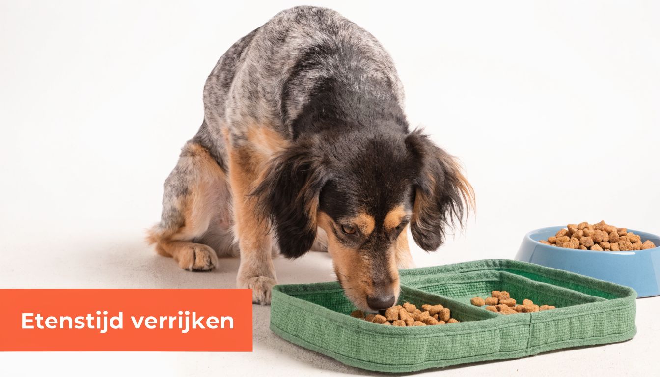 Een hond eet brokken uit een verrijkingsmat terwijl er een extra voerbak op de achtergrond staat.