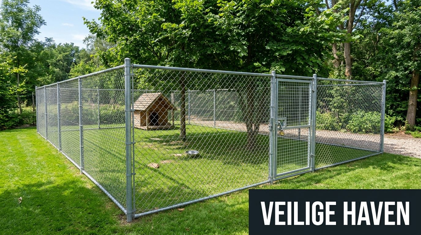 Een ruime, omheinde hondenren voor buiten in een groene tuin met een houten hondenhok en bomen.