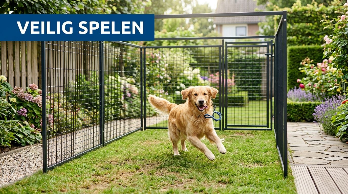 Een vrolijke Golden Retriever speelt in een veilige zwarte metalen hondenren in een weelderige groene achtertuin.