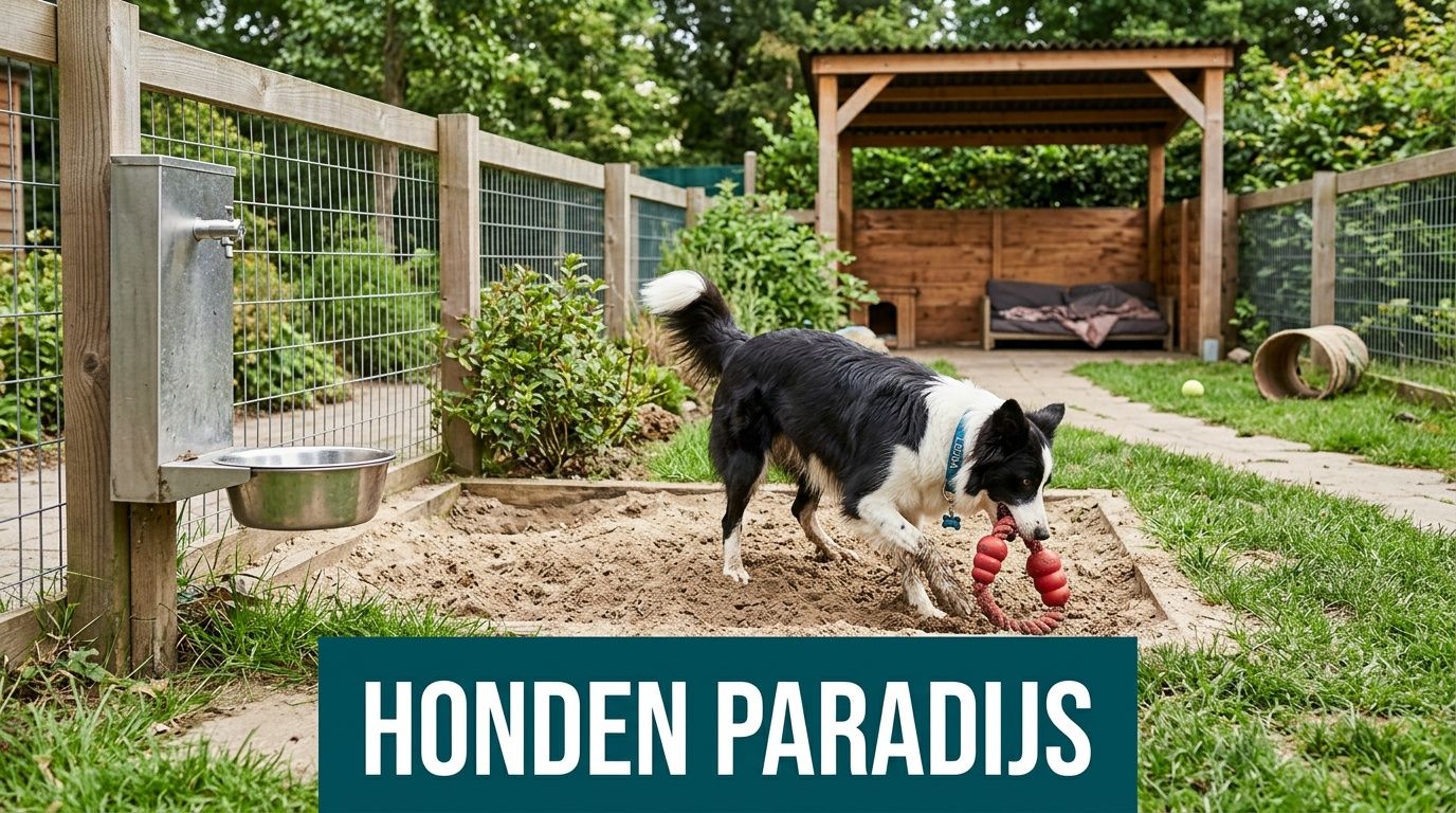 Een vrolijke Border Collie speelt met een rood speeltje in een zandbak in een omheinde hondenren buiten.