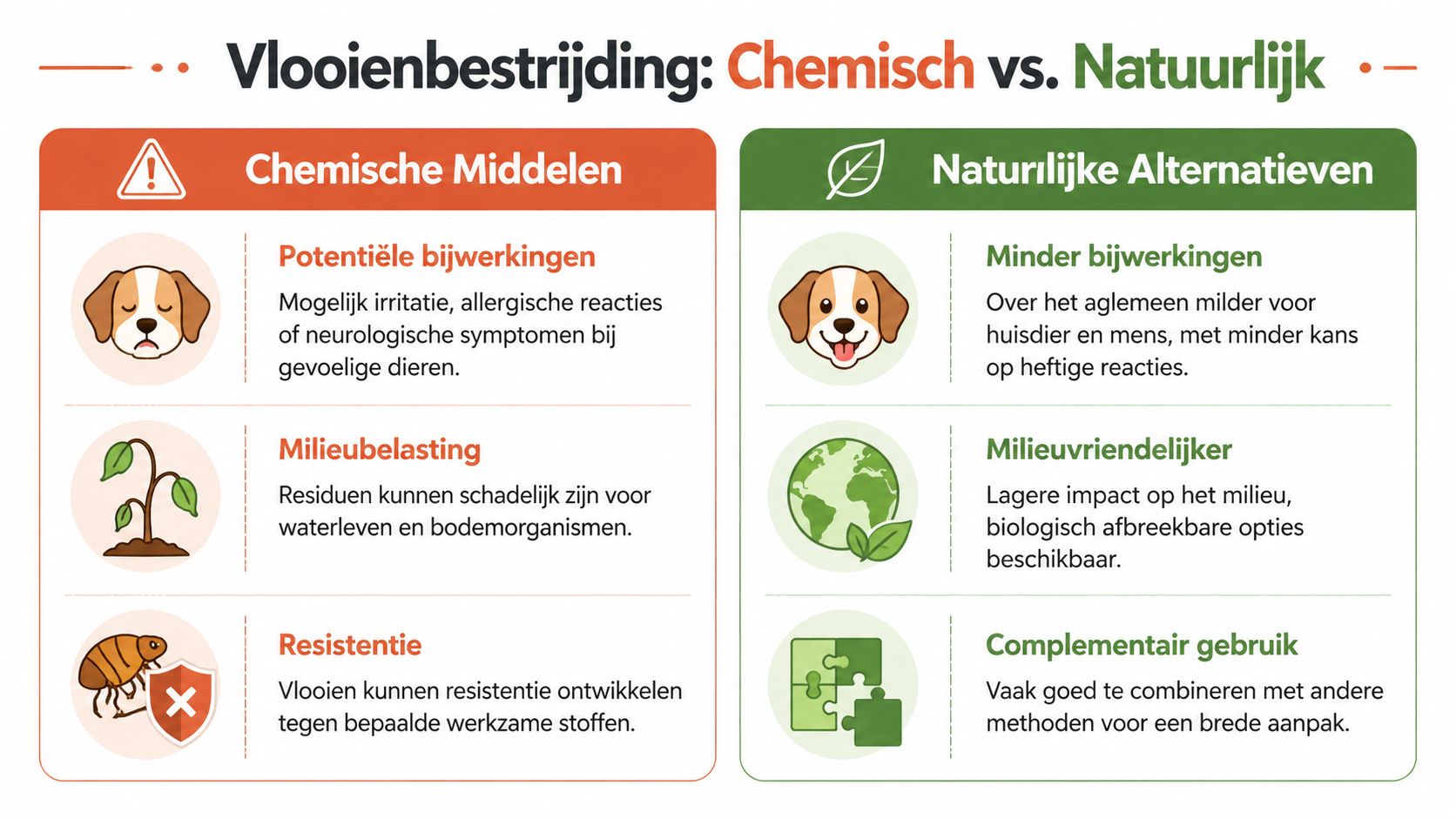 Een infographic die de voor- en nadelen van chemische versus natuurlijke vlooienbestrijding voor honden vergelijkt.