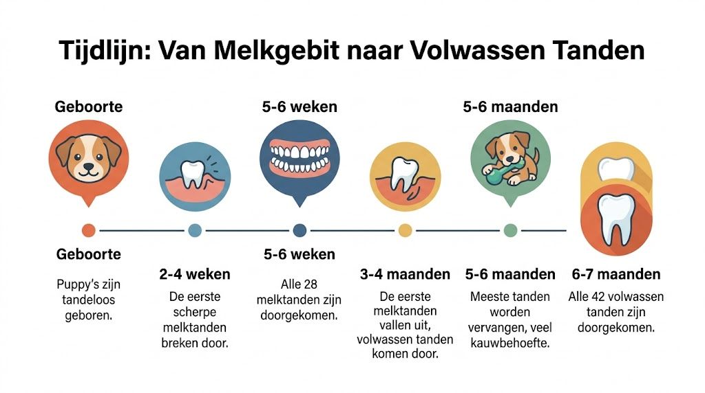 Een tijdlijn die de ontwikkeling van het melkgebit naar volwassen tanden bij puppy's in kaart brengt.