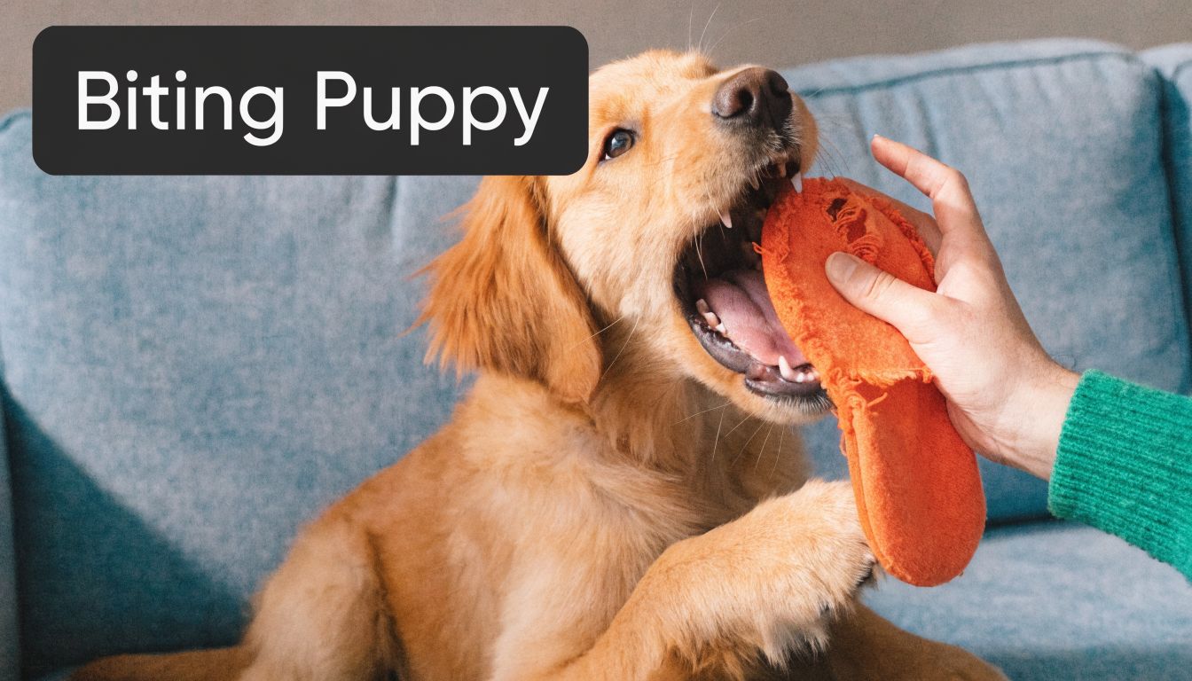 Een schattige golden retriever puppy bijt in een oranje pantoffel terwijl een menselijke hand deze vasthoudt op bank.