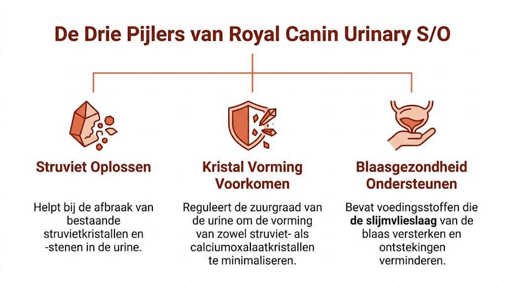 Een overzicht van de drie belangrijkste pijlers van Royal Canin Urinary S/O voeding voor gezonde urinewegen.