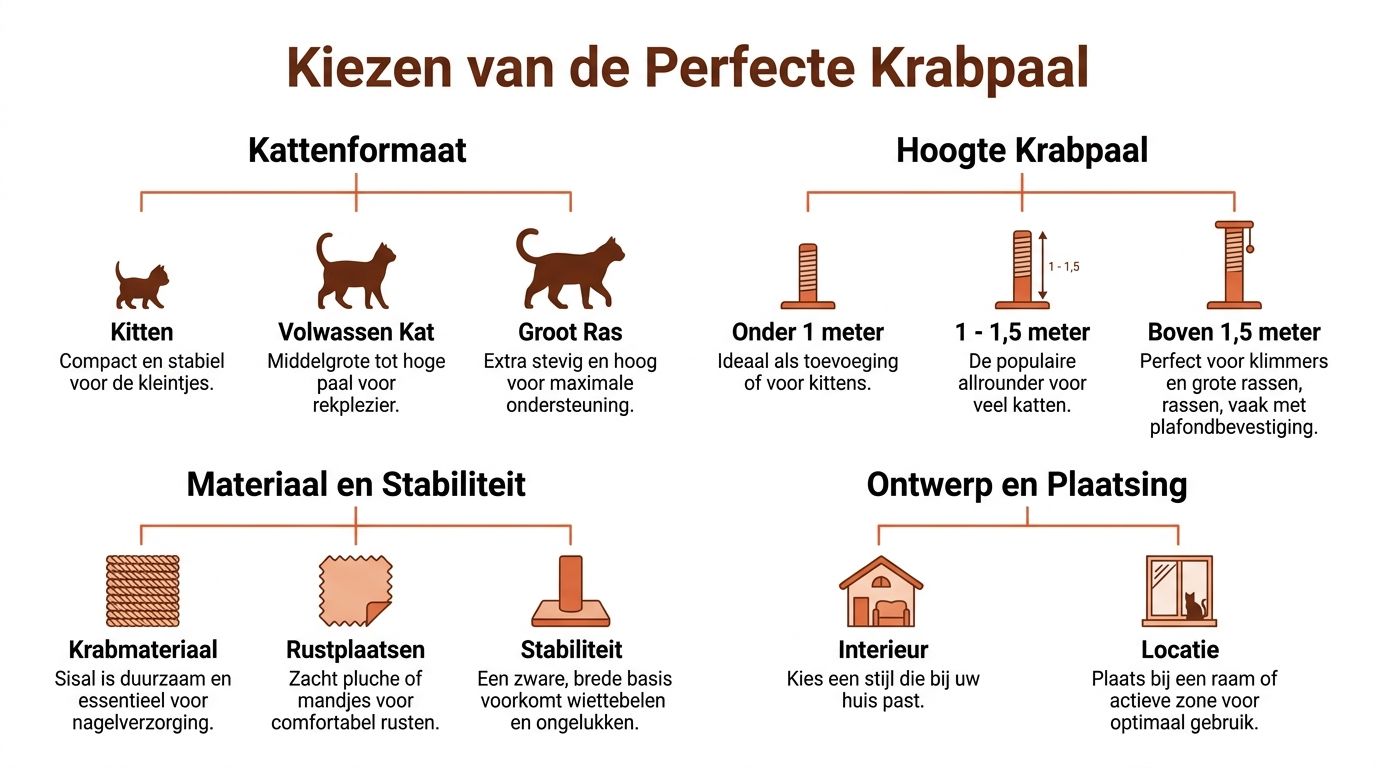 Een informatieve infographic over het kiezen van de perfecte krabpaal voor katten, gebaseerd op grootte en ontwerp.