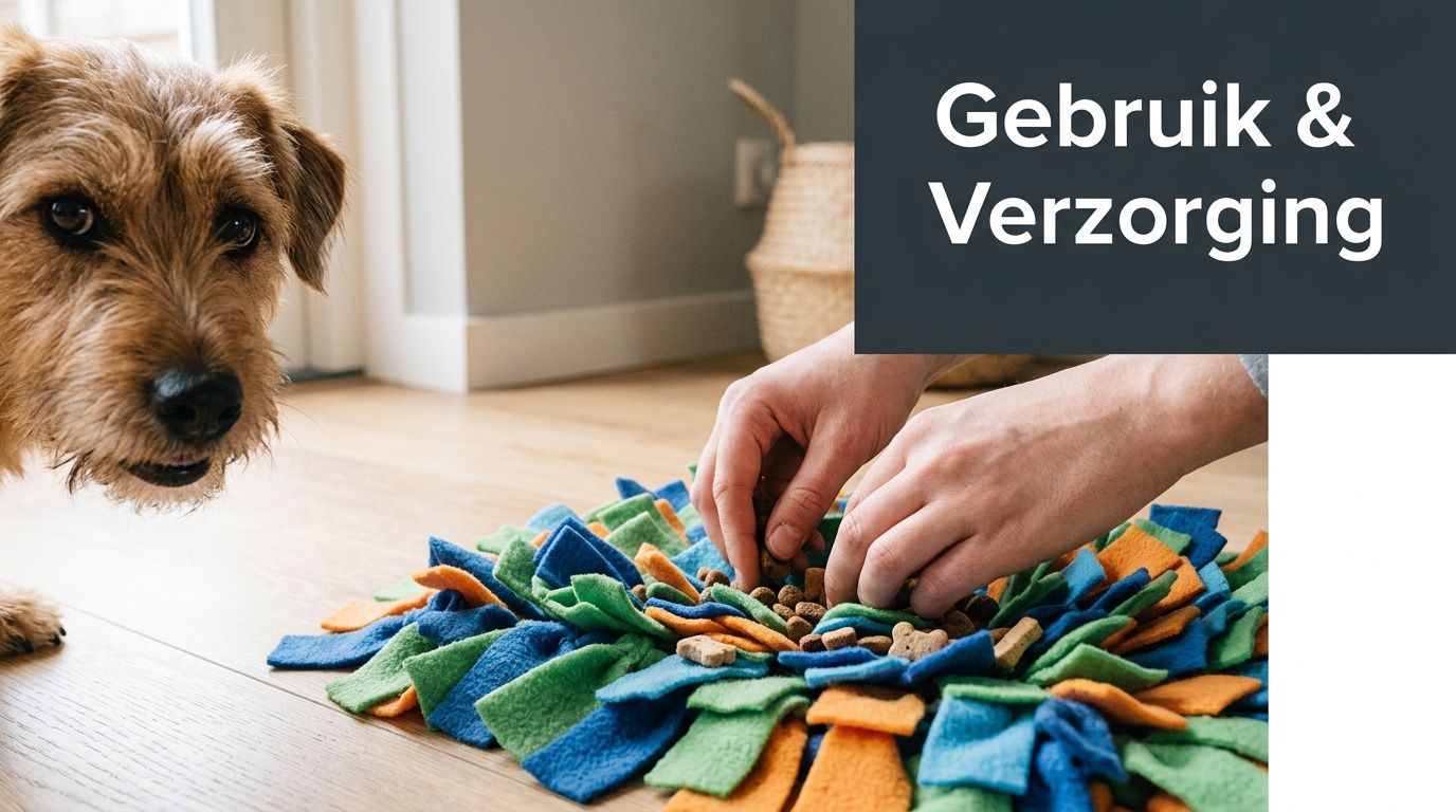 Een persoon verstopt hondenbrokjes in een kleurrijke stoffen snuffelmat terwijl een hond toekijkt.