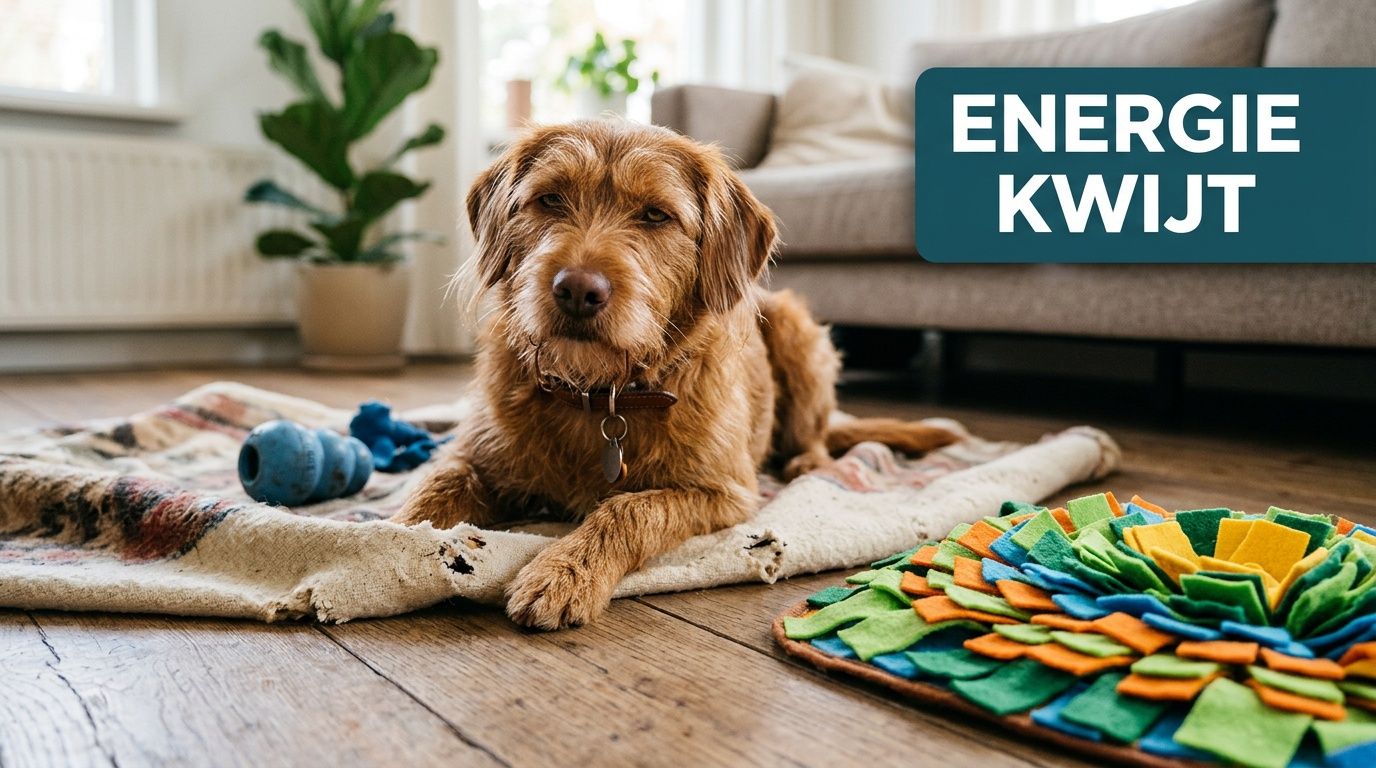 Een bruine hond ligt op een kleed met een snuffelmat en een blauw kauwspeeltje in de woonkamer.